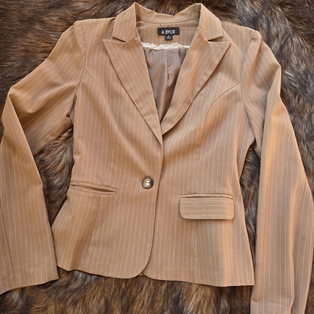 A. Byer Women's Pinstripe Brown Blazer